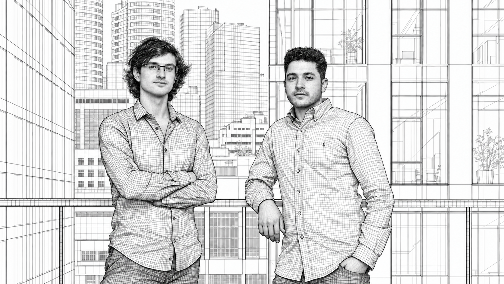 An illustrated portrait of two people on a balcony: natural black-and-white faces, clothing and the city behind them drawn in fine wireframe lines.